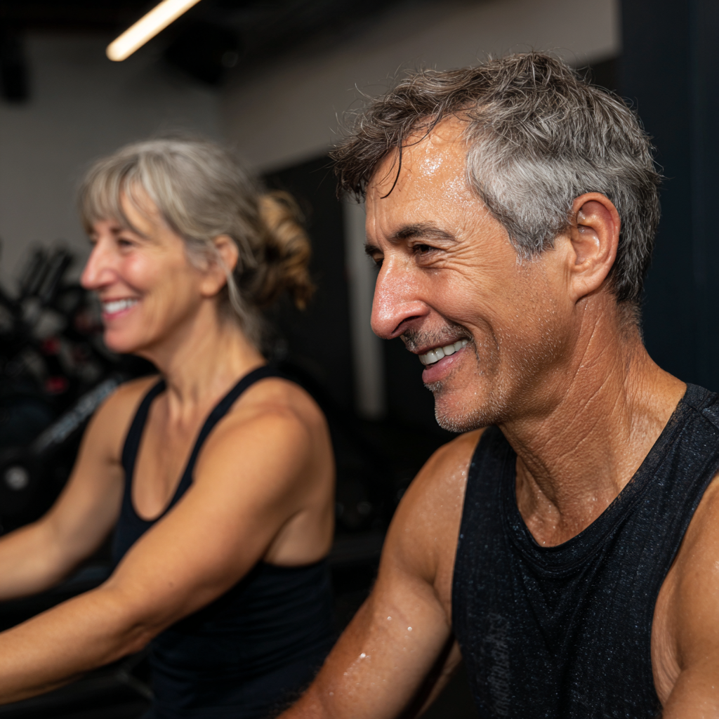 Мъж на 52 години и жена на 56 години правят безплатна пробна тренировка заедно във фитнес студио