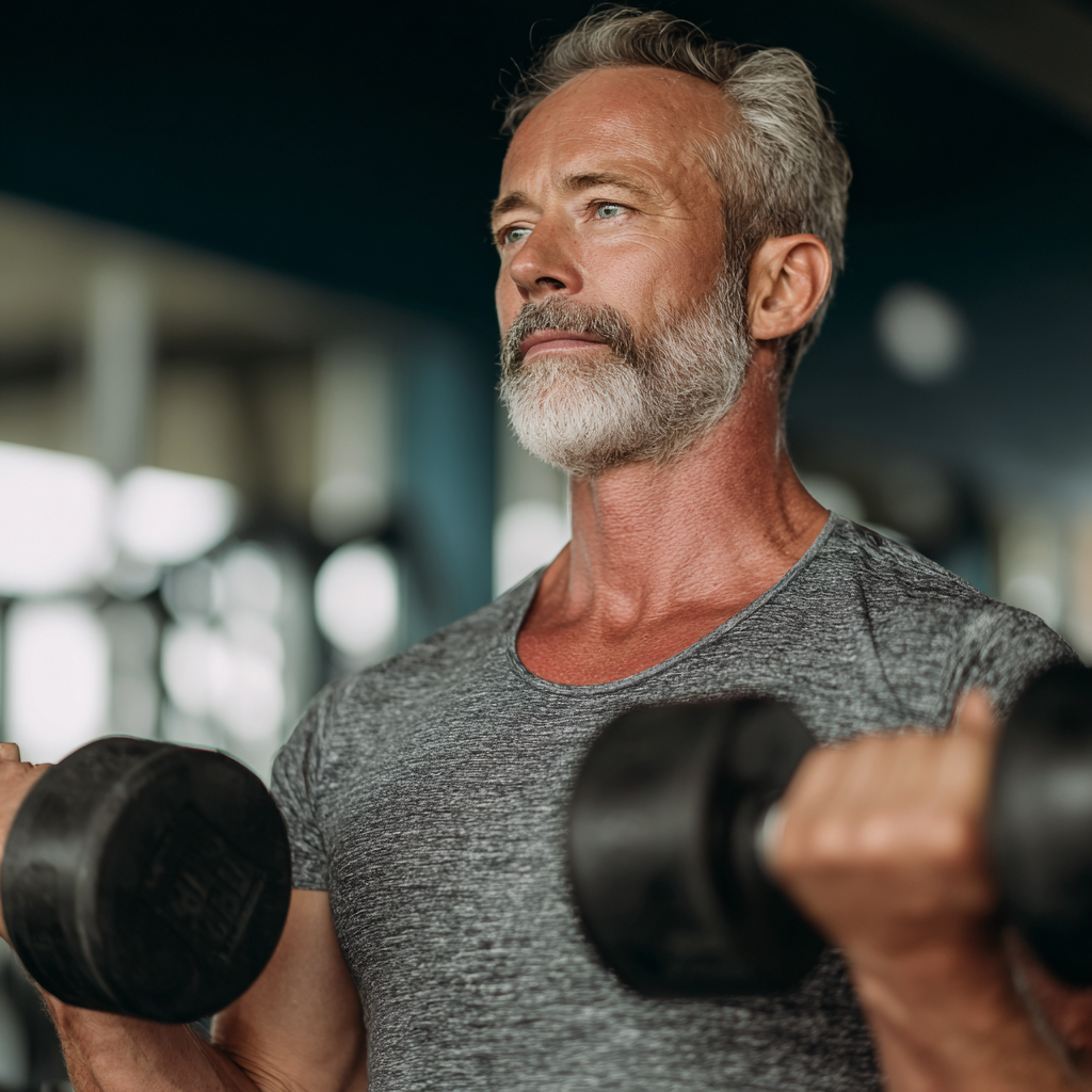 Мъж на 55 години извършва силова тренировка с тежести в модерна фитнес зала