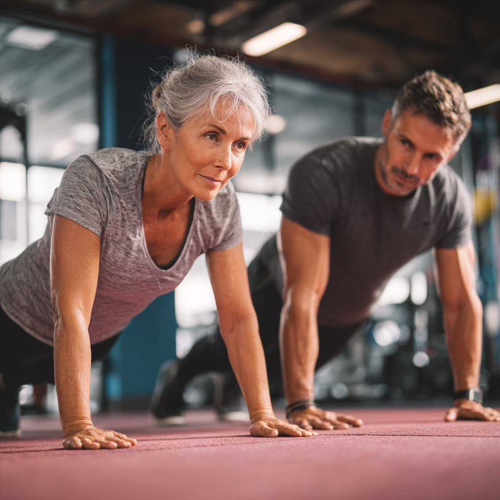 Жена на 58 години прави персонална тренировка с инструктор във фитнес зала