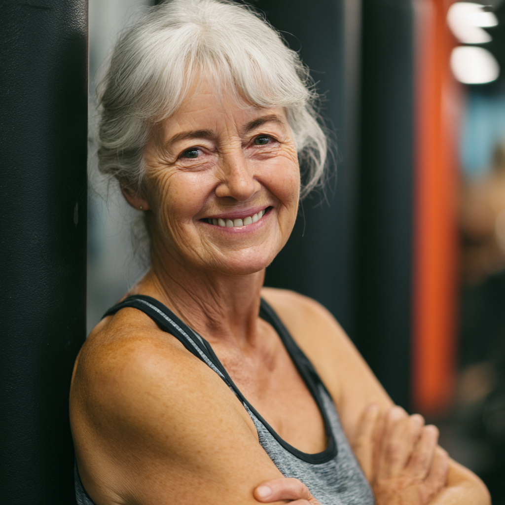 Усмихната жена на 60 години позира след успешна тренировка във фитнес центъра